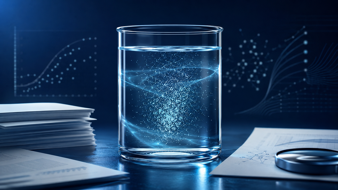 Published research on oxygenated water represented by a laboratory glass, scientific papers, and suspended oxygen bubbles