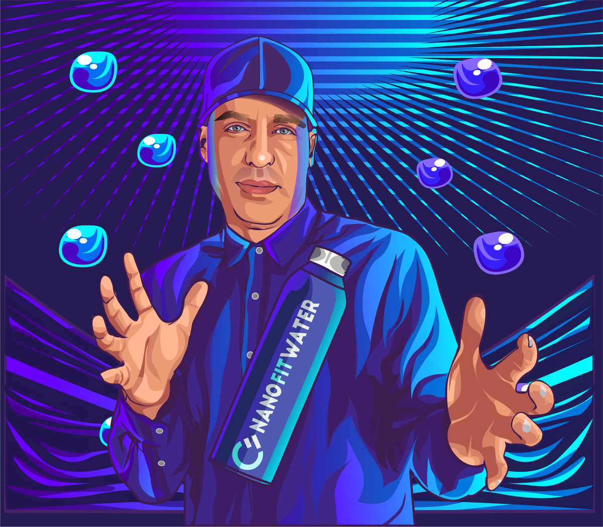 Illustration of Nano Fit Water founder Stu Sawitz holding Nano Fit Water