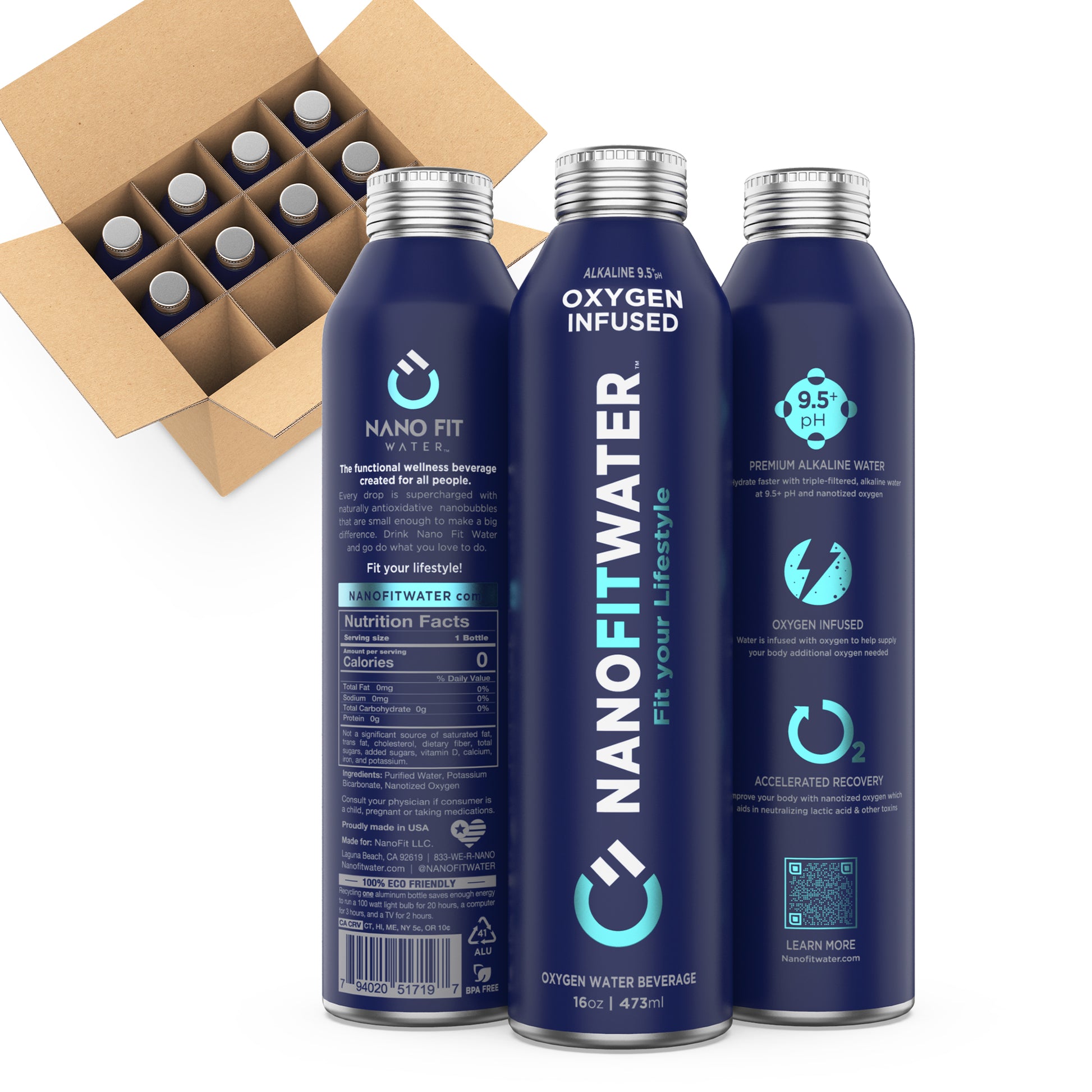 Nano Fit Water dual oxygen alkaline water bottle and 12 pack case with recyclable aluminum bottles