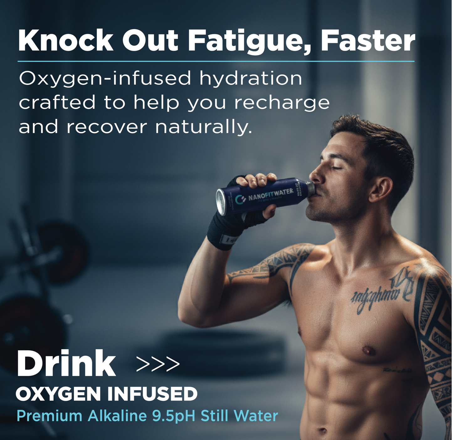 Athlete drinking Nano Fit Water oxygenated alkaline water for energy hydration and performance