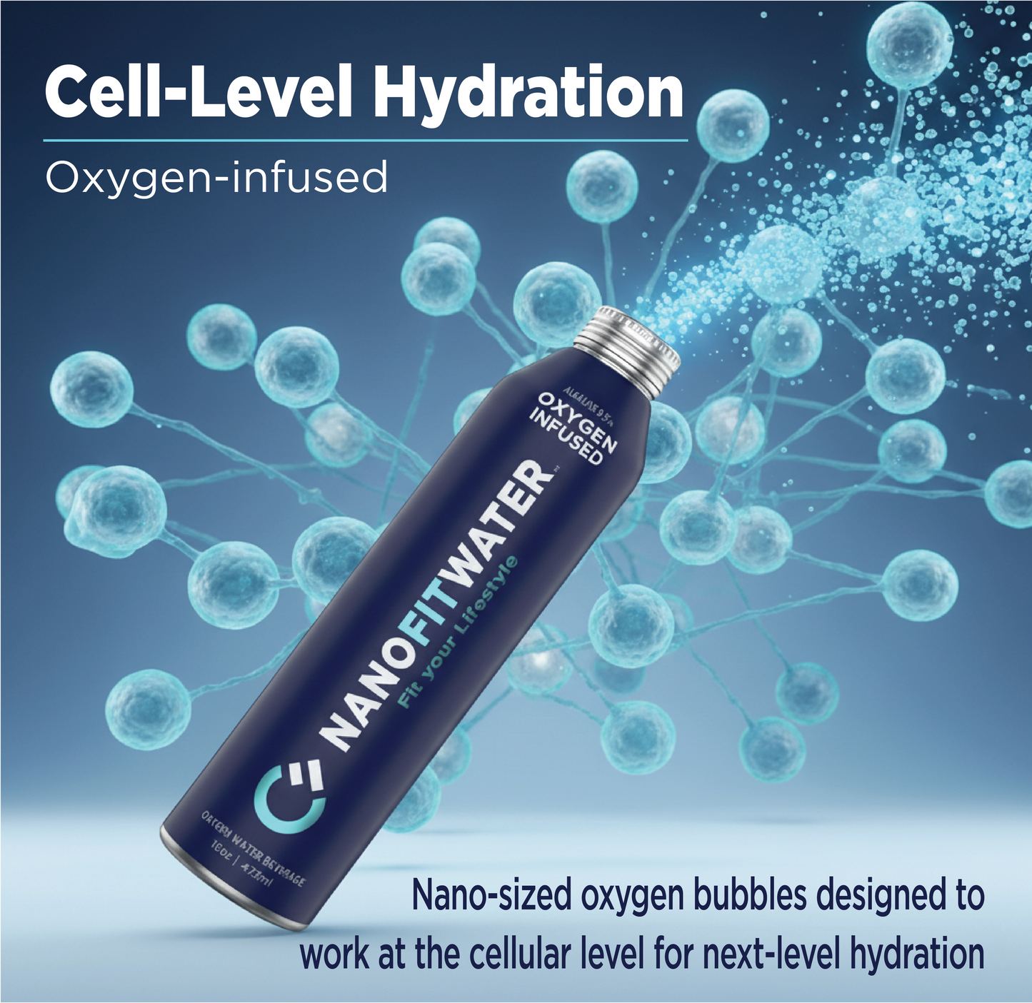 Nano Fit Water nanobubble oxygen technology illustration showing oxygen infused hydration