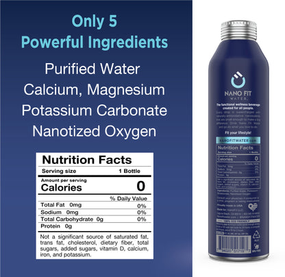 Nano Fit Water ingredients and nutrition panel showing alkaline 9.5 pH water with clean electrolytes
